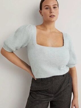 Boden Square Neck Puff Sleeve Knit Top - Light Blue